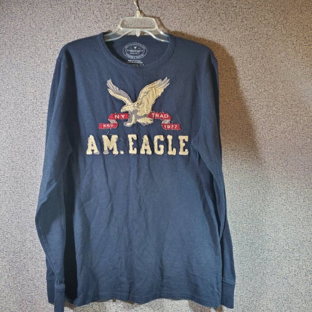 Men’s Long Sleeve Athletic Fit Navy Blue American Eagle Shirt Size L